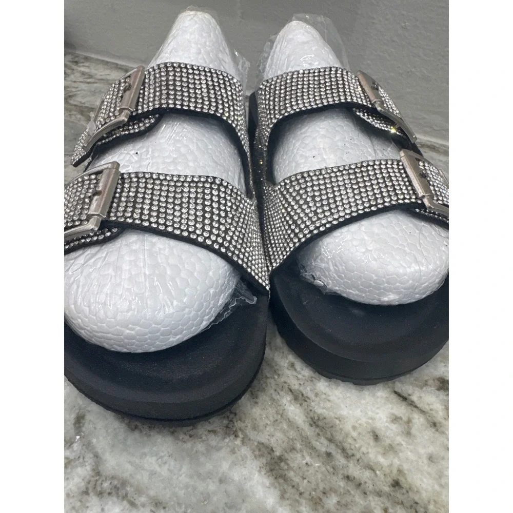 Madden Girl women's rhinestone-embellished double-buckle slide sandals NWOT 8